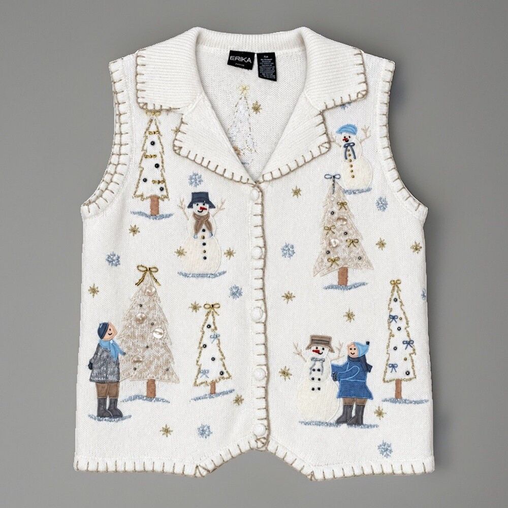 Erica Petites Sweater Vest PM Embroidered Christmas Tree Snowman Winter Holiday